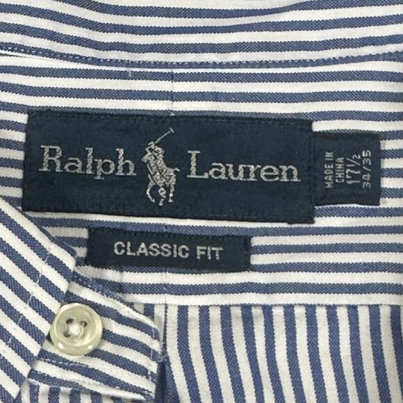 Polo Ralph Lauren Shirt Men’s 17.5” 34/35 White Blue Stripes Button Up Worker - Picture 3 of 9